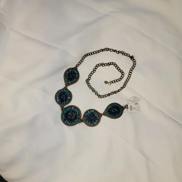 Chico's Leather Bronze Hip Belt Torquoise Teal Blue Stones Chain Concho Boho Y2K - Picture 7 of 7